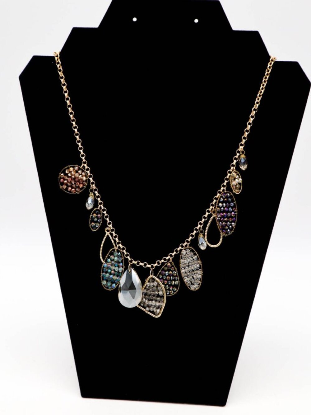 Beaded Teardrop Pendant Charm Necklace Gold Tone Chain & Faux Crystals Sparkly